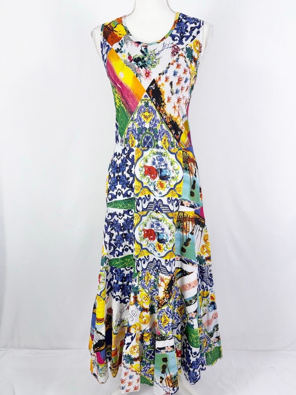 Kikisol Artsy Rainbow Fit & Flare Midi Sun Dress Women's S / M Blue Mulit
